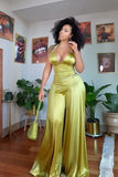 Olive Glow two-piece satin pants set styled front view