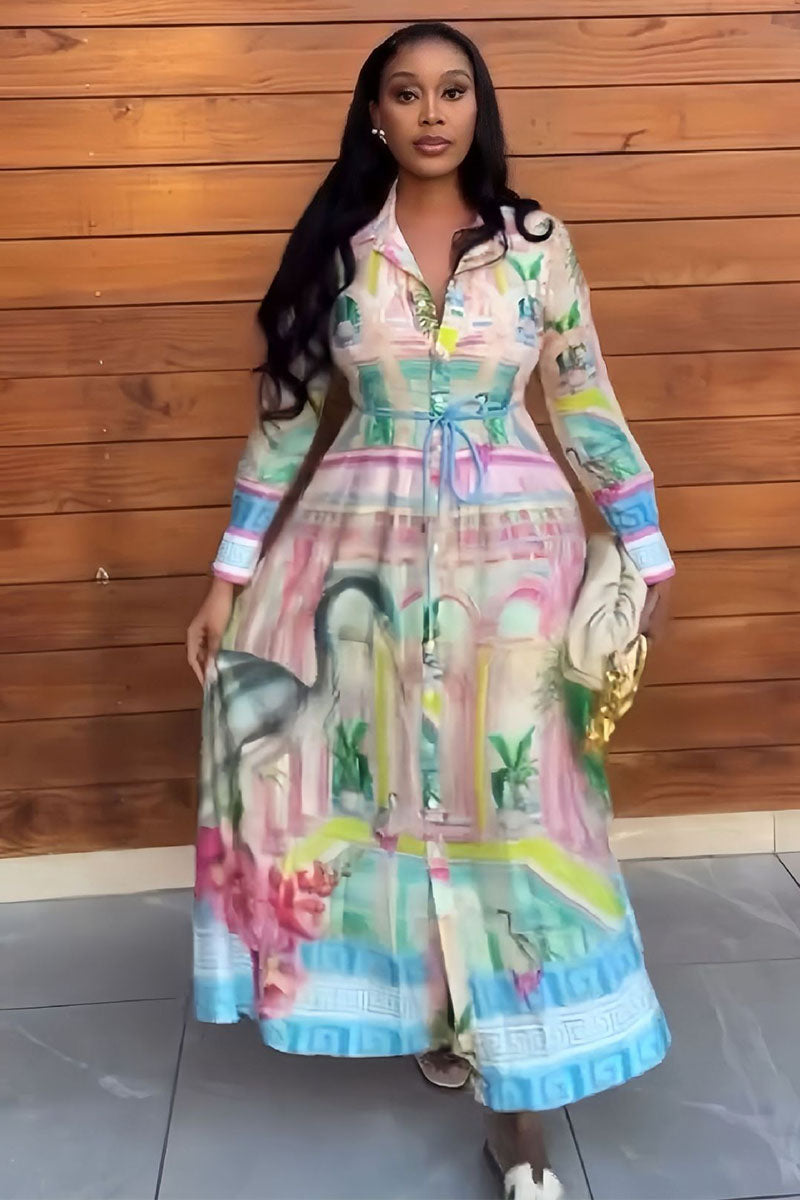 Pastel Cityscape Belted Shirt Maxi Dress full front view
