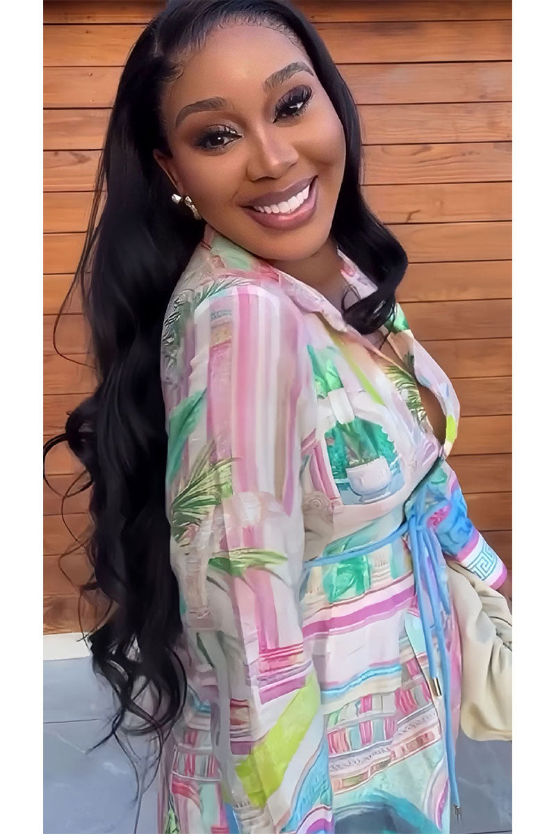 Pastel Cityscape Belted Shirt Maxi Dress print detail