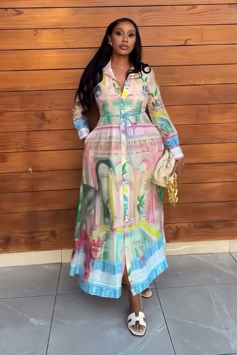 Pastel Cityscape Belted Shirt Maxi Dress styled front view
