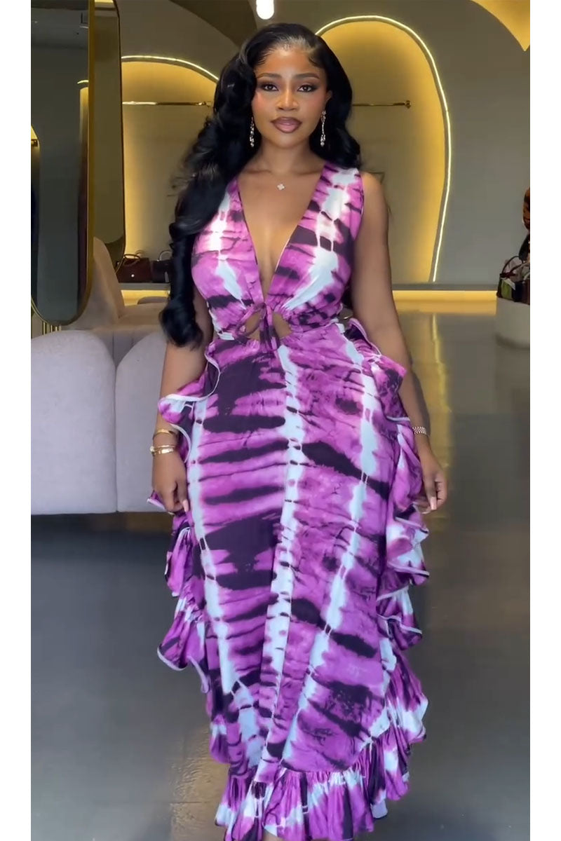 Purple Paradise Tie-Dye Ruffle Maxi Dress - 1
