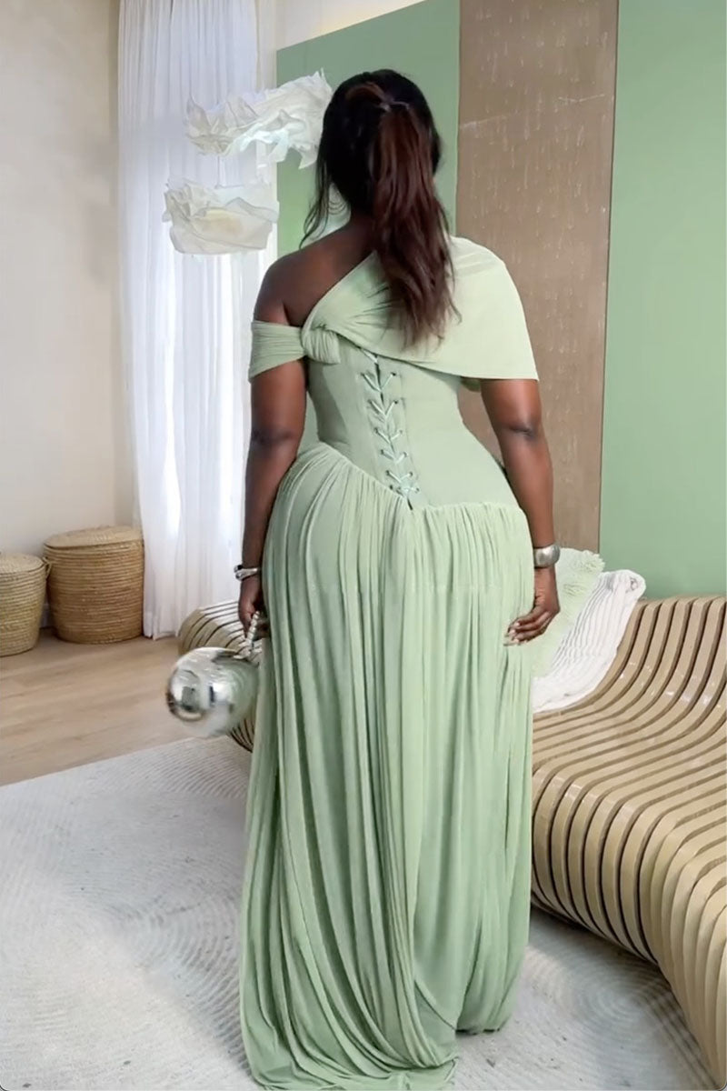 Sage green corset maxi dress lace-up back view