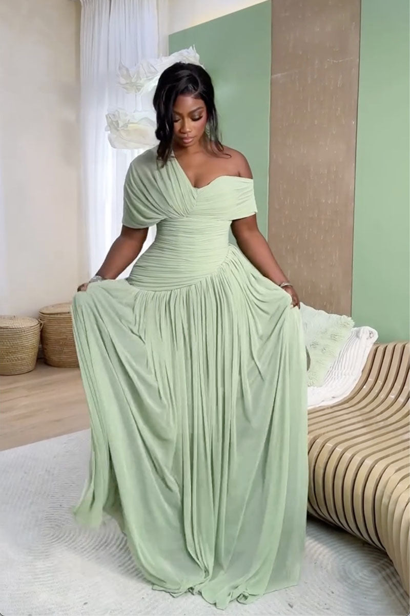 Sage green flowing maxi dress full front view