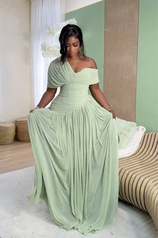 Sage green flowing maxi dress full front view
