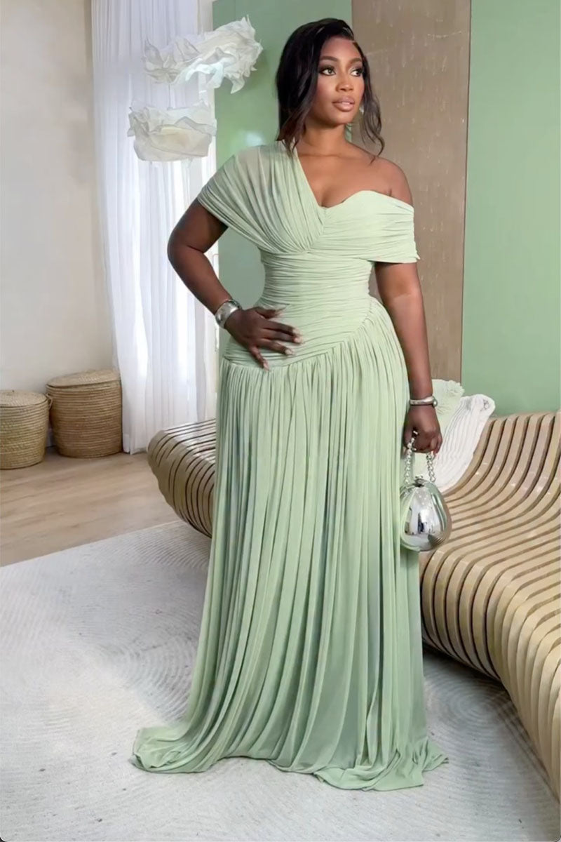 Sage green asymmetric ruched corset maxi dress front view