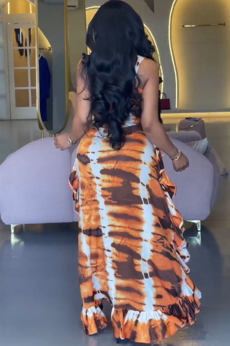 Sahara Flame orange tie-dye ruffle maxi dress back view