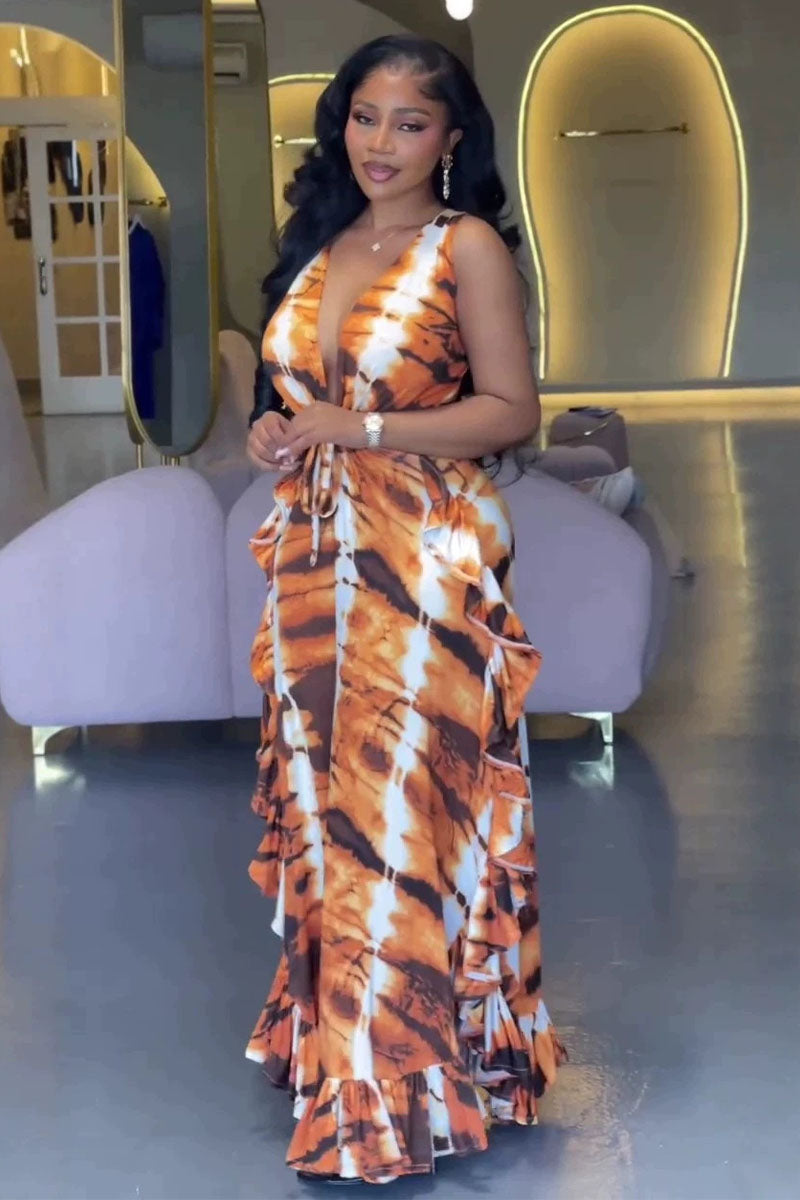 Sahara Flame deep V tie-dye ruffle maxi dress side view