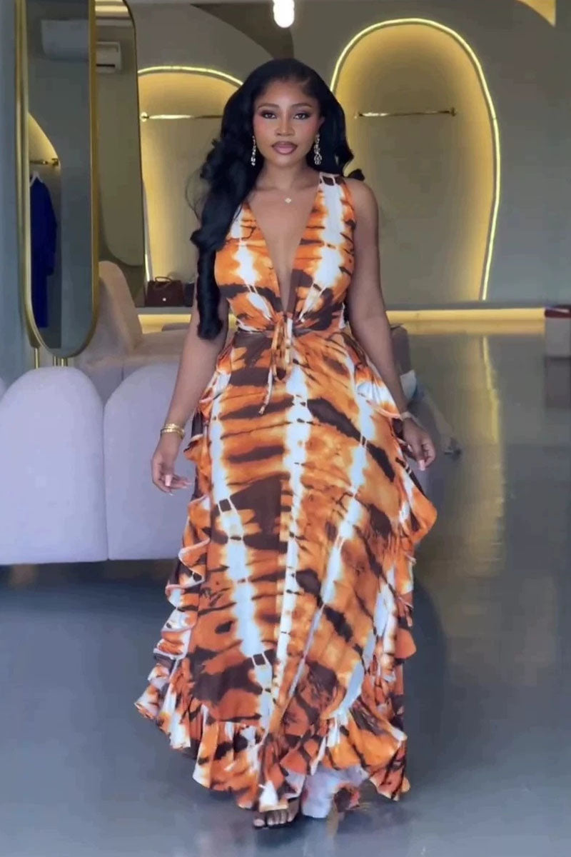 Sahara Flame orange brown tie-dye ruffle maxi dress front view