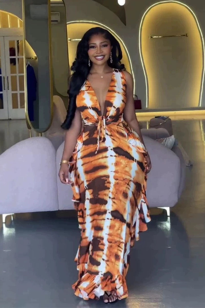 Sahara Flame tie-front ruffle maxi dress full view