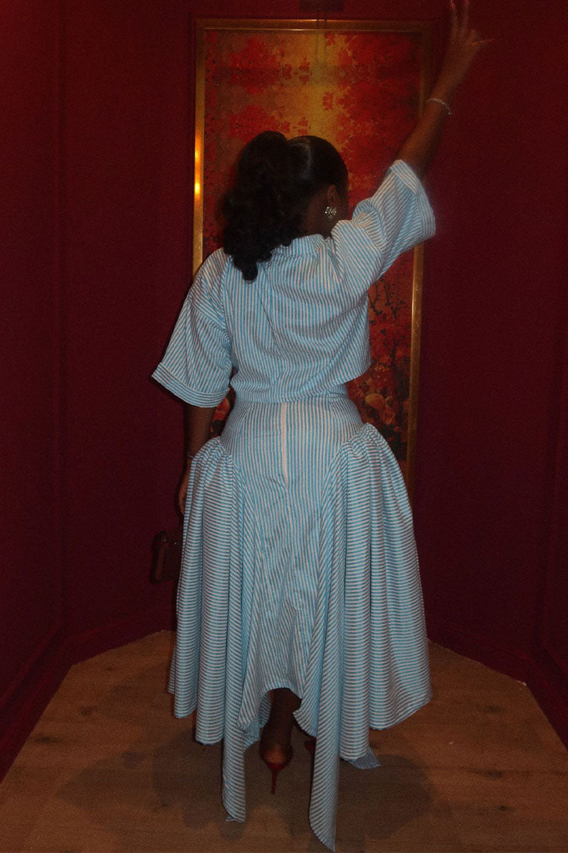 Blue and white striped two-piece skirt set back view