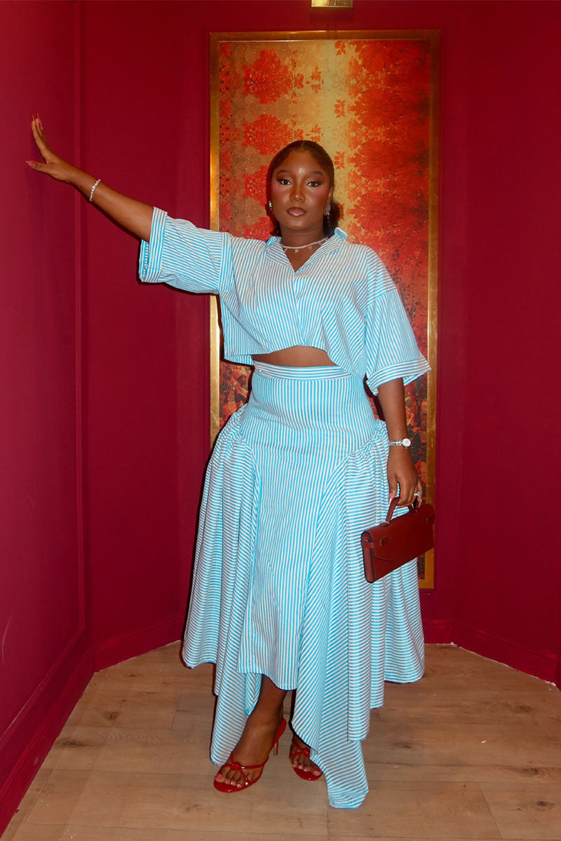 Blue and white striped cropped shirt and asymmetric maxi skirt set full view