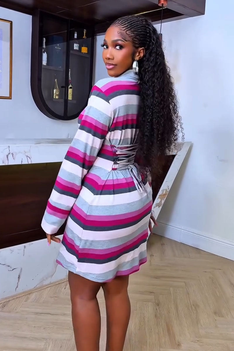 Curve Appeal striped lace-up mini dress, side and back view