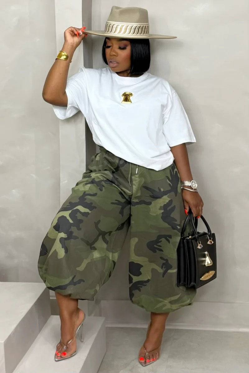 Urban Camo Balloon Pants styled front view